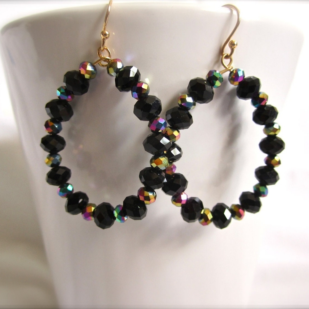 Gold Rainbow and Black Crystal Hoop Dangle Earrings